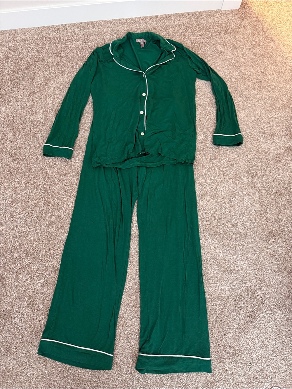 J. Crew Green Two-Piece Pajama Set with White Trim